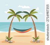 A hammock stretched between palm trees, a beach vacation concept, relaxing in a hammock. Vector cartoon illustration, poster, or postcard. Vector image.