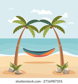 Una hamaca estirada entre palmeras, un concepto de vacaciones de playa, relajándose en una hamaca. Ilustración de dibujos animados de Vector, póster o postal. Imagen de Vector.