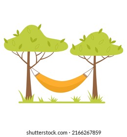 A hammock stretched between the trees. Outdoor recreation, camping. Flat vector illustration isolated on a white background.
