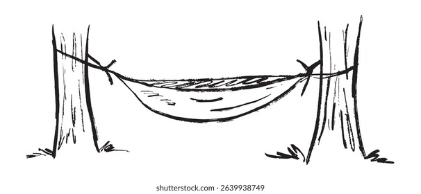 A hammock strung between two tree trunks, camping equipment in black brush stroke texture isolated on white. Hand drawn vector sketch illustration in vintage charcoal ink. Recreation concept.