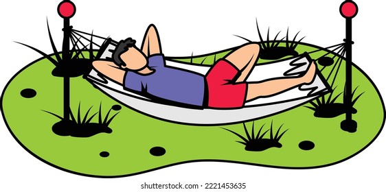 Hammock suspended between trees at camping vector icon design, Outdoor weekend Activity symbol, Tourist Holidays Scene Sign, Happy people at Vacation stock illustration, Man lying in a hammock Concept