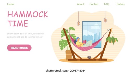 Hammock time and summer or home relaxation website banner interface with woman resting in hammock with book in hands, flat cartoon vector illustration.
