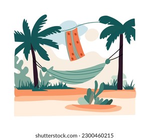 Una hamaca y una toalla colgadas en medio de dos palmeras. Concepto vacaciones y felicidad. Disfrutar de momentos de ocio o ser productivo. Vector.