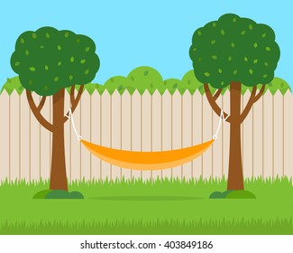 Hammock with trees on house backyard. Flat style vector illustration.