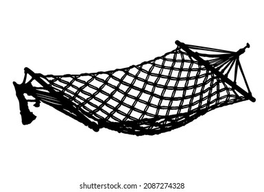 Hammock vector silhouette illustration isolated on white background. Summer bed, time for enjoy and relaxation outdoor. Swing bed. Beach time. Wooden garden equipment for backyard or picnic.