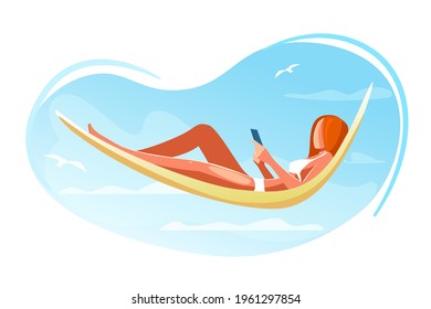 Hammock with woman sunbathing on beach on vacation vector illustration. Character reading on resort. Flat summer travel relax concept on blue sky backdrop isolated on white