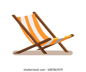 Hammock-chair with stripes, lounge seat of yellow and white color, wooden empty sunbed chaise-longue isolated on vector illustration, daybed icon