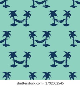 Hammocks between palm trees seamless vector pattern. Silhouettes of textured coconut palm trees blue on turquoise. Retro grunge style.