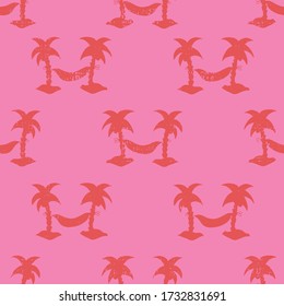 Hamacas entre palmeras sin costura de color rojo y rosa vectorial. Silhouettes de palmeras de coco texturadas. Estilo retro grunge.