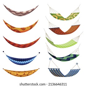 Hammocks colorful set. Different types for summer recreation, relaxing, sleeping or resting accessory. Hanging fabric rope swinging. Modern relax decoration