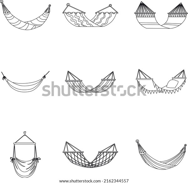 Hammocks for relaxing, swinging, sleeping,\
resting on beach icon outline collection\
set