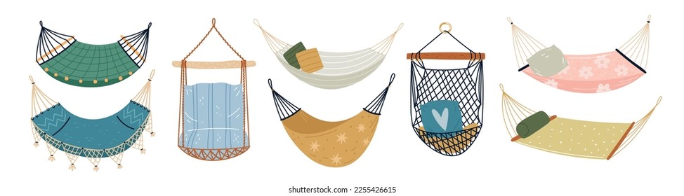Hammocks types. Cartoon cute hanging beds. Summer rest. Comfort devices for sleeping and relaxing outdoor. Picnic and camping. Travel accessories. Rope swing armchair