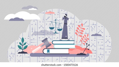 Hammurabi code vector illustration. Ancient Babylonian code of law in flat tiny person concept. Old historical information deciphered writings. Antique jurisprudence system and principle regulations.