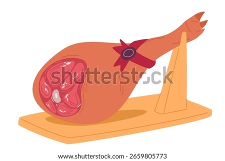 Hamon ham cured pork meat on wooden stand. Delicatessen meat. Delicious meal. Premium iberico. Spanish jamon. Preserved hindquarter. Swine leg with hoof. Traditional prosciutto. Vector food product