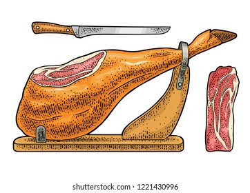 Hamon slice and jamon pig leg on horizontal wood stand. Vector color vintage engraving illustration for menu, web and label. Isolated on white background. Hand drawn graphic style.