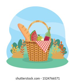 hamper with bread and watermelon with wine bottle to picnic relaxation vector illustration