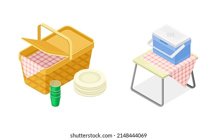 Obstáculo con manteles de cuadros y placas apiladas y caja de refrigeración como conjunto de iluminación de vectores isométricos picnicos