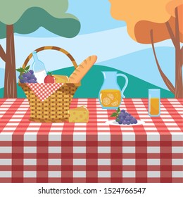 hamper with grape and milk bottle with orange juice to picnic relaxation vector illustration