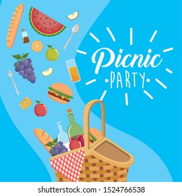 Verwöhnen mit Weinflasche und Hamburger mit Orangensaft, Picknickentspannung Vektorillustration Illustration