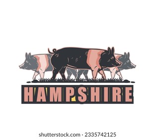 HAMPSHIRE PIG BIG AND HEALTHY ANIMAL LOGO, silhouette of strong boar walking vector illustrations, this image is perfect as company logo, pig farm company or breading pig and agriculture etc