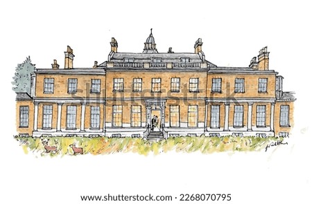 Hampton Court House, country house wedding venue, deer park. Watercolor sketch illustration. Isolated vector.