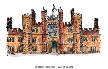 Hampton Court Palace, London, red brick, Tudor castle. Watercolor sketch illustration. Isolated vector