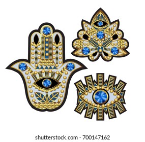 Hamsa, all-seeing eye and lotus patches, embroidered with beads, sequins and jewelry. Vector illustration.