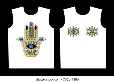 Hamsa, all-seeing eye and lotus patches, embroidered with beads, sequins and jewelry. t-shirt design.