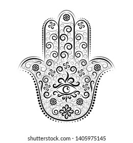 Hamsa Arab and Jewish palm-shaped protective amulet. Miriam's hand, Fatima's hand, God's hand. Isolated image of with black line ornament on a white background. Boho style. Line art, contour drawing.