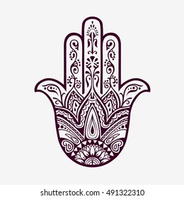 Hamsa with ethnic ornaments. Hand drawn vector illustration