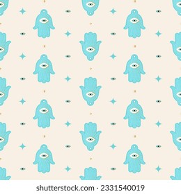 Hamsa and evil eye seamless in light turquoise and gold on white background. Amulet of deflecting the evil eye. Can be used as all-over print for fashion graphics, home decor, covering, wrapping