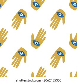 Hamsa eye, magical eye seamless pattern. Magic, witchcraft, occult symbol. Blue white golden eyes. Fabric textile wallpaper
