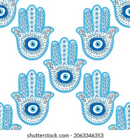 Hamsa eye, magical eye seamless pattern. Magic, witchcraft, occult symbol. Blue white golden eyes. Fabric textile wallpaper