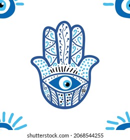 Hamsa eye, magical eye seamless pattern. Magic, witchcraft, occult symbol. Blue white golden eyes. Fabric textile wallpaper