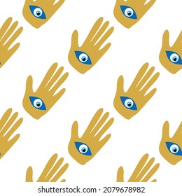 Hamsa eye, magical eye seamless pattern. Magic, witchcraft, occult symbol. Blue white golden eyes. Fabric textile wallpaper
