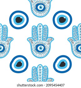 Hamsa eye, magical eye seamless pattern. Magic, witchcraft, occult symbol. Blue white golden eyes. Fabric textile wallpaper