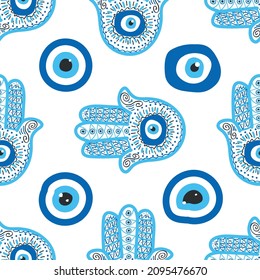 Hamsa eye, magical eye seamless pattern. Magic, witchcraft, occult symbol. Blue white golden eyes. Fabric textile wallpaper