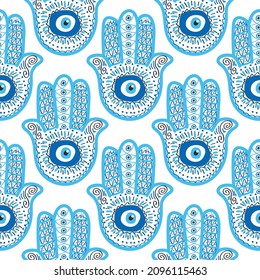 Hamsa eye, magical eye seamless pattern. Magic, witchcraft, occult symbol. Blue white golden eyes. Fabric textile wallpaper