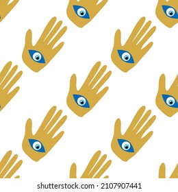 Hamsa eye, magical eye seamless pattern. Magic, witchcraft, occult symbol. Blue white golden eyes. Fabric textile wallpaper