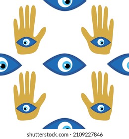 Hamsa eye, magical eye seamless pattern. Magic, witchcraft, occult symbol. Blue white golden eyes. Fabric textile wallpaper