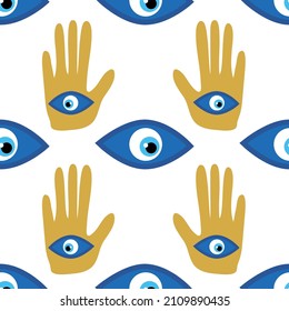 Hamsa eye, magical eye seamless pattern. Magic, witchcraft, occult symbol. Blue white golden eyes. Fabric textile wallpaper