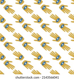 Hamsa eye, magical eye seamless pattern. Magic, witchcraft, occult symbol. Blue white golden eyes. Fabric textile wallpaper