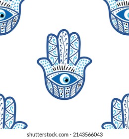 Ojo de Hamsa, mágico patrón sin costuras en los ojos. Magia, brujería, símbolo oculto. Ojos dorados blancos azules. Papel textil de tela