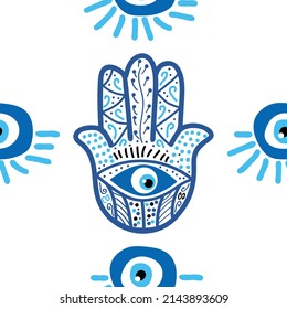 Hamsa eye, magical eye seamless pattern. Magic, witchcraft, occult symbol. Blue white golden eyes. Fabric textile wallpaper