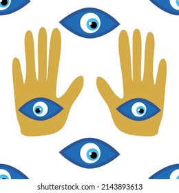 Hamsa eye, magical eye seamless pattern. Magic, witchcraft, occult symbol. Blue white golden eyes. Fabric textile wallpaper