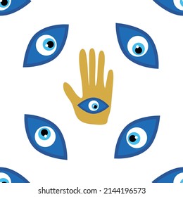 Hamsa eye, magical eye seamless pattern. Magic, witchcraft, occult symbol. Blue white golden eyes. Fabric textile wallpaper