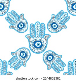 Hamsa eye, magical eye seamless pattern. Magic, witchcraft, occult symbol. Blue white golden eyes. Fabric textile wallpaper