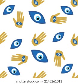 Hamsa eye, magical eye seamless pattern. Magic, witchcraft, occult symbol. Blue white golden eyes. Fabric textile wallpaper