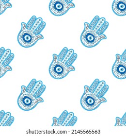 Hamsa eye, magical eye seamless pattern. Magic, witchcraft, occult symbol. Blue white golden eyes. Fabric textile wallpaper