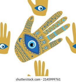 Hamsa eye, magical eye seamless pattern. Magic, witchcraft, occult symbol. Blue white golden eyes. Fabric textile wallpaper